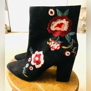 Sold! Express Faux Suede Black Booties with Floral Embroidery, Zipper, Sz. 8